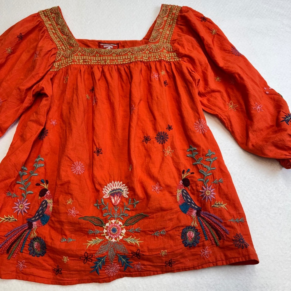 Johnny Was Workshop Embroidered Peasant Blouse Womens S Orange Boho‎ Bird Deer
